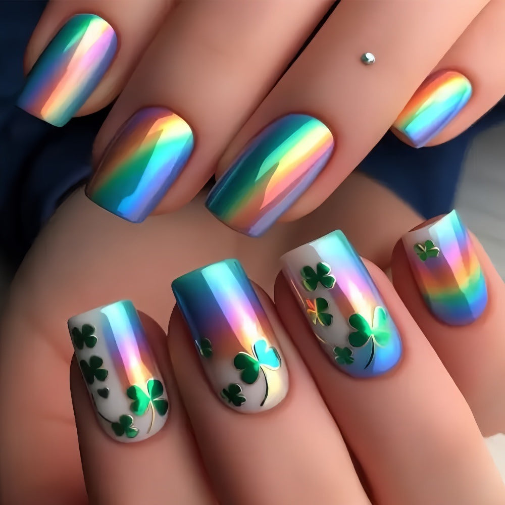 Artificial nails with colorful rainbow and clover leaf designs Bowlift
