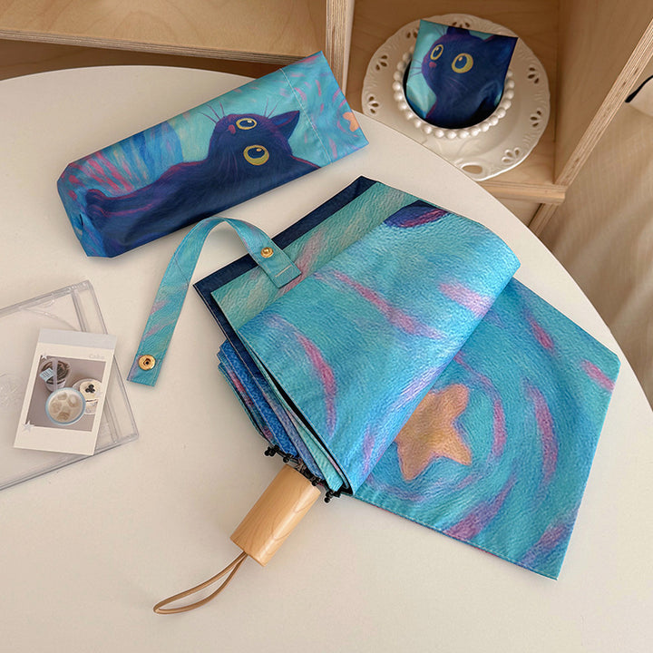Women's folding umbrella with creative cat design and practical case Bowlift