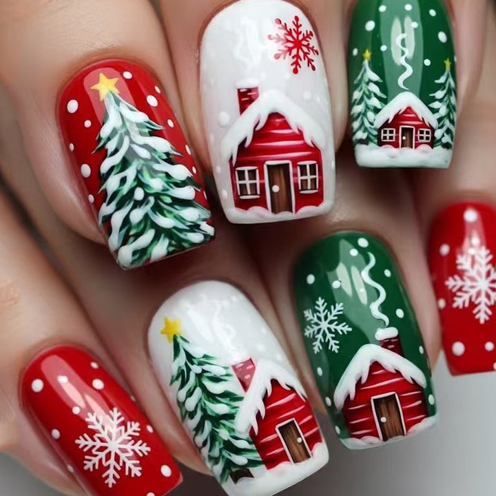 Artificial nails with winter chalet design Bowlift