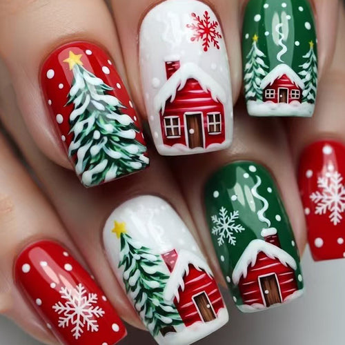 Artificial nails with winter chalet design Bowlift