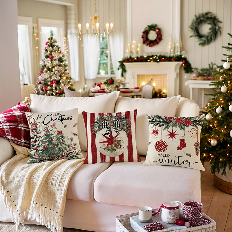 Decorative Linen-Texture Christmas Watercolor Throw Pillow Cover Square
