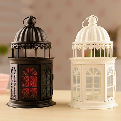 Ornamental Gothic Dome Lantern with Colored Glass Panels and Tealight Holder Bowlift