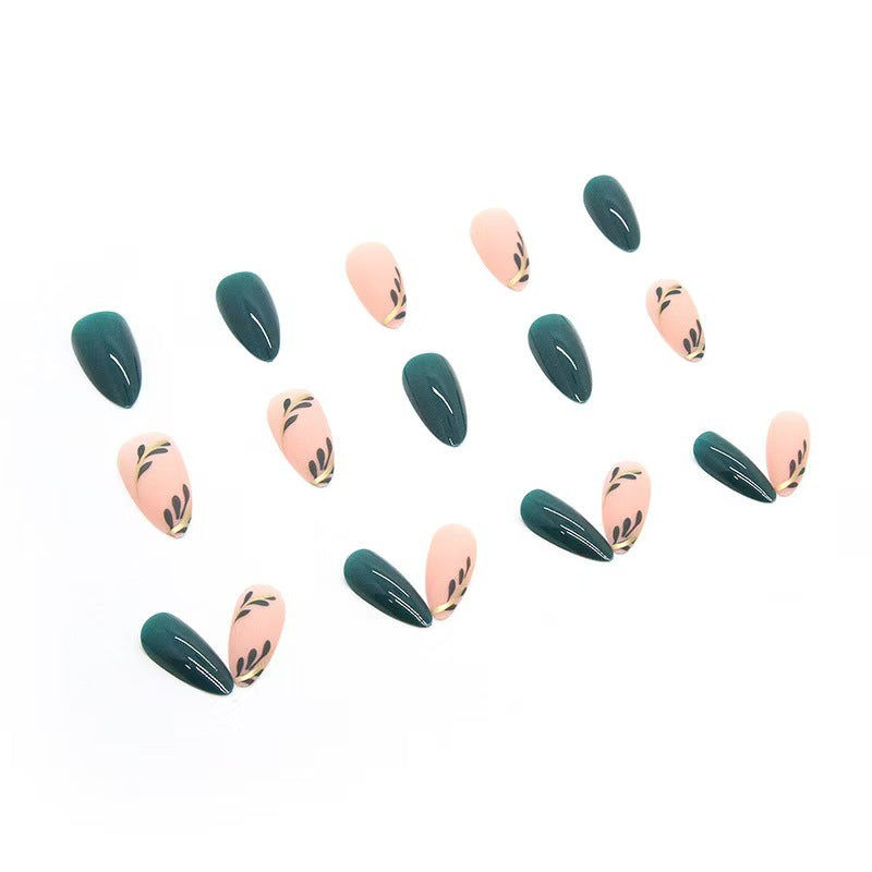 Artistic Press-On Nail Set with Leaf Designs Bowlift