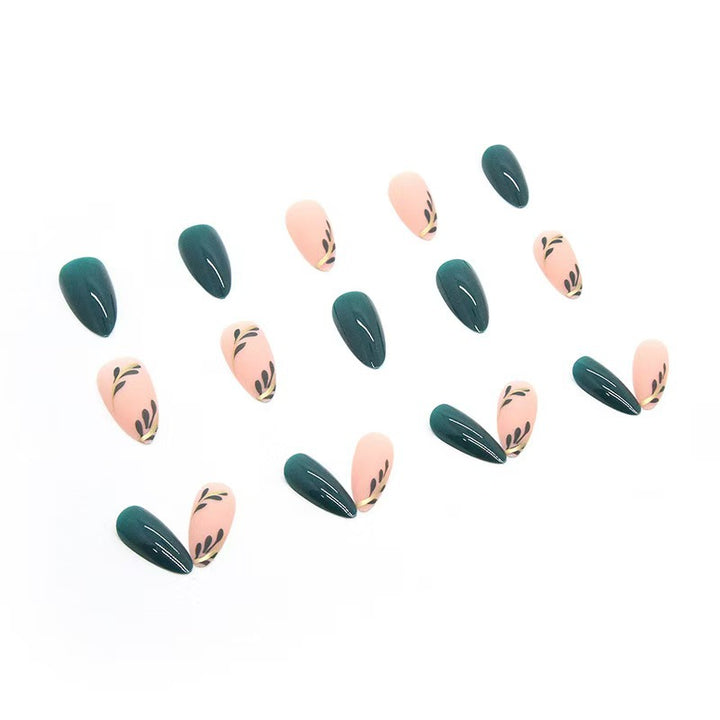 Artistic Press-On Nail Set with Leaf Designs Bowlift
