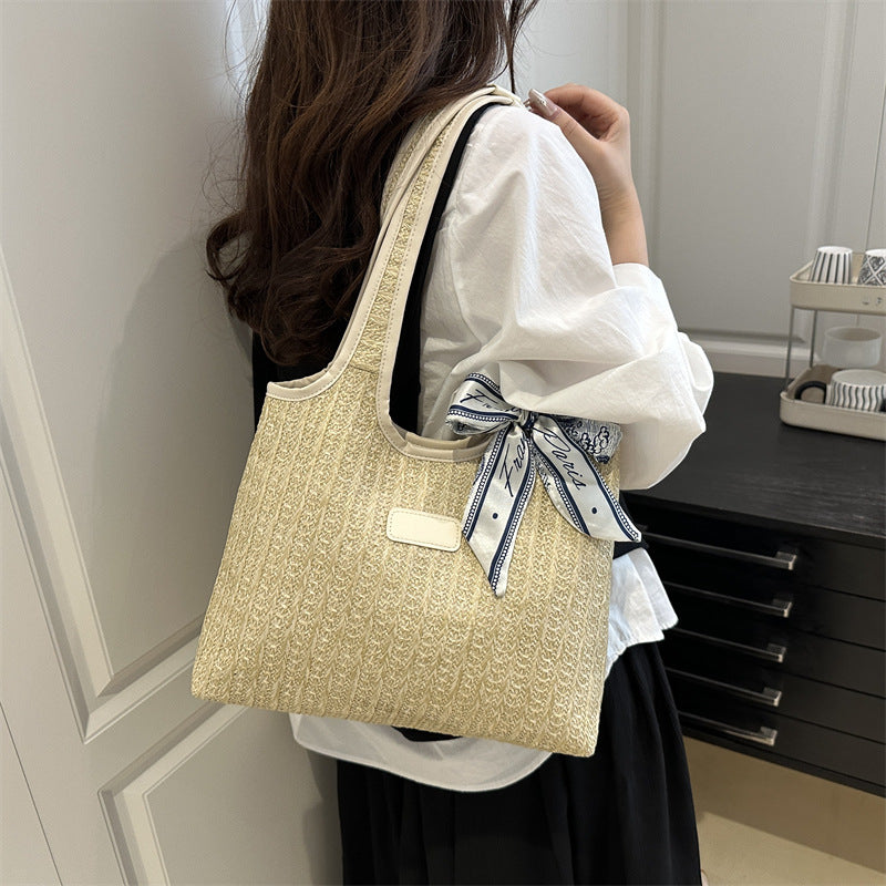 Textured Weave Tote Bag with Elegant Bow Bowlift