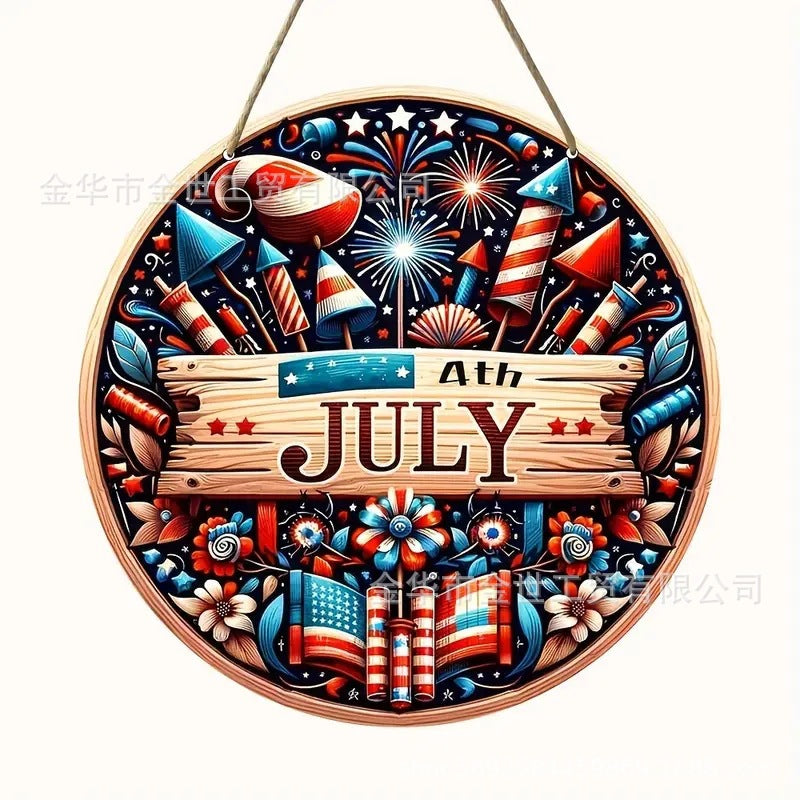 Independence Day rustic round wooden patriotic cross wall plaque with floral accents and God Bless America banner Bowlift