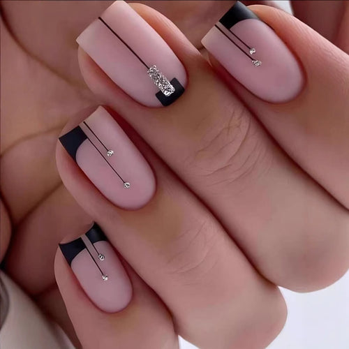 Acrylic nail set with elegant rhinestone accents and stylish lines Bowlift