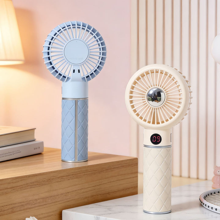 Ladies Portable Mini Hand Fan with Digital Temperature Display and Cute Bear Design Bowlift