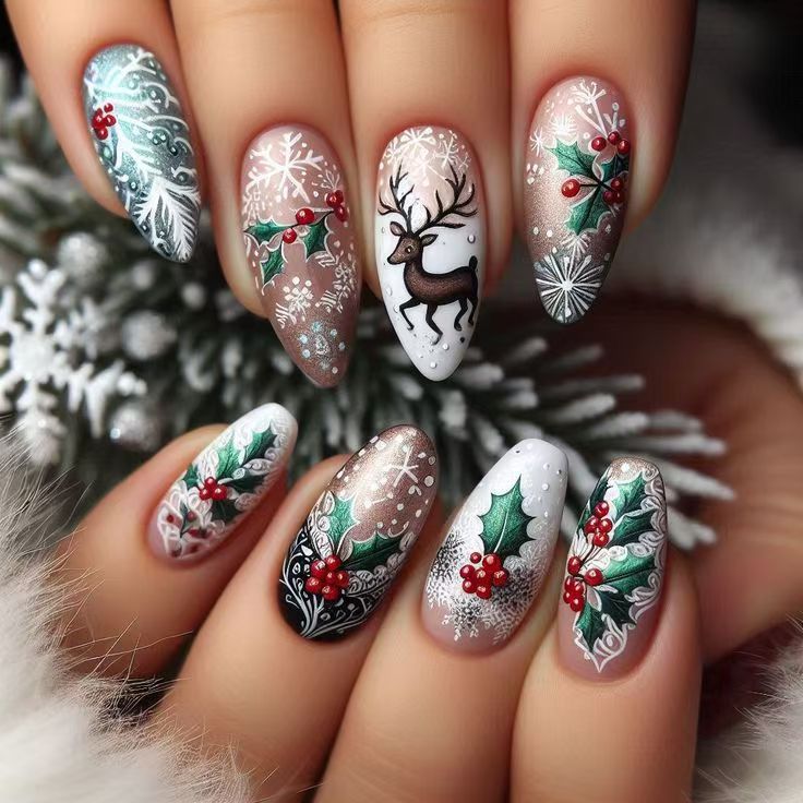 Artificial nail set with wintry motifs and festive designs Bowlift