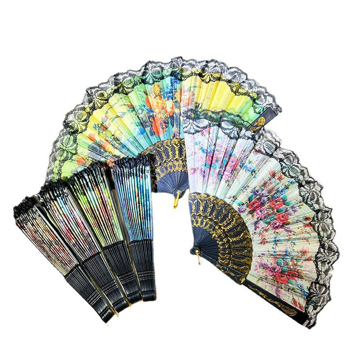 Ladies Elegant Hand Fan with Floral Design and Lace Edges Bowlift