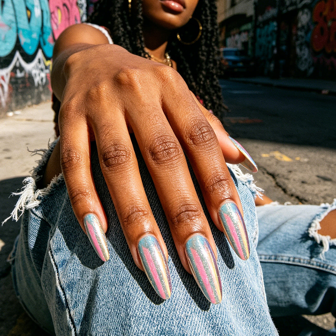 Glamorous Stiletto Press-On Nails with Iridescent Finish Bowlift