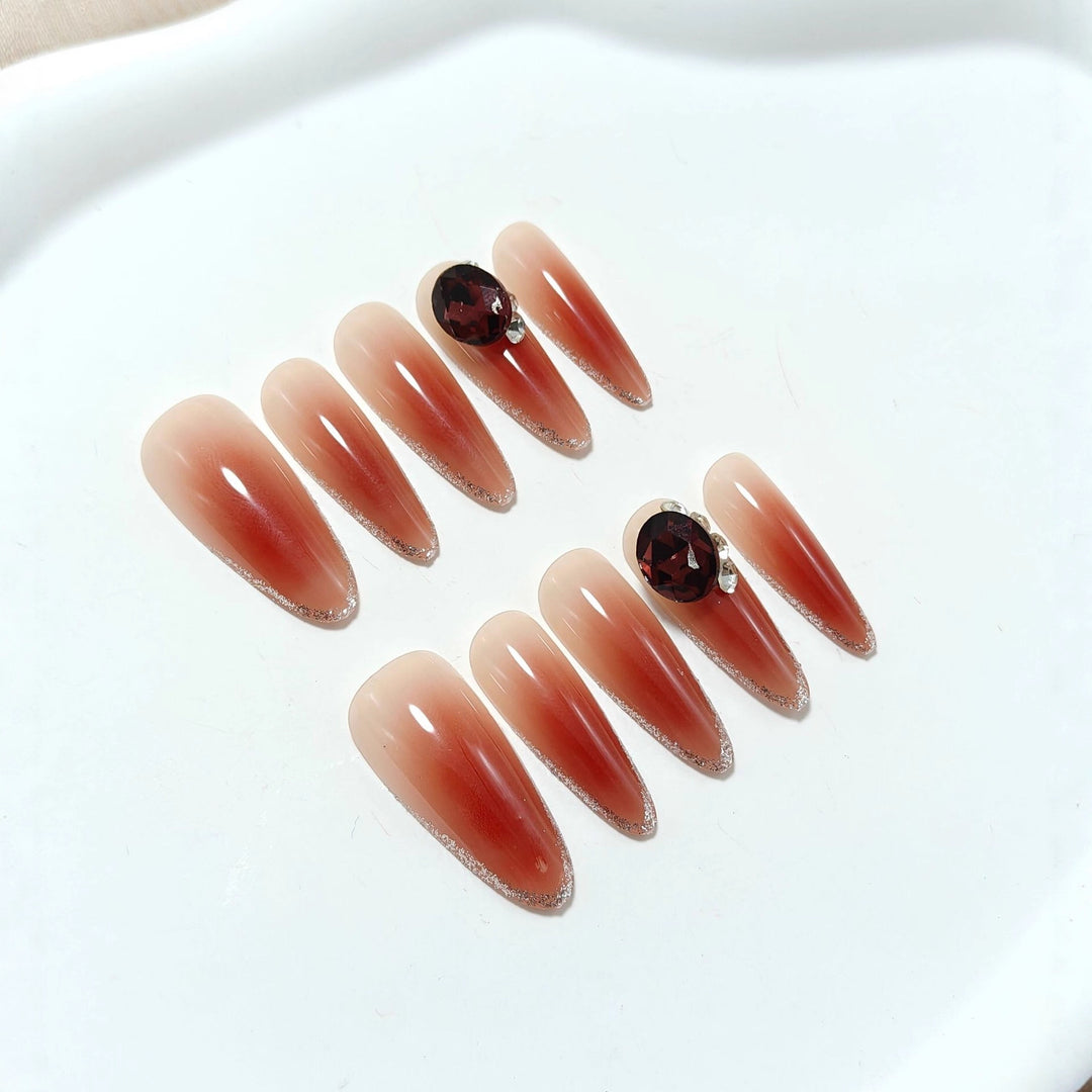 Glittering artificial nails with elegant tip design and crystal decoration Bowlift
