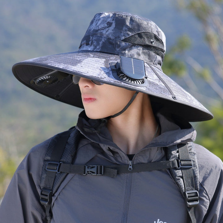 Wide-brimmed outdoor sun hat with solar-powered micro fan, breathable mesh and adjustable chin strap Bowlift