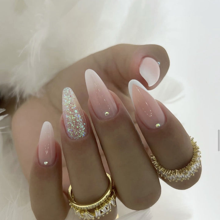 Elegant Press-On Nail Tips Set with Glitter and Ombre Design Bowlift