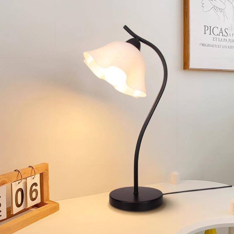 Ruffled Bell-Shade Bedside Table Lamp with Curved Stem Bowlift