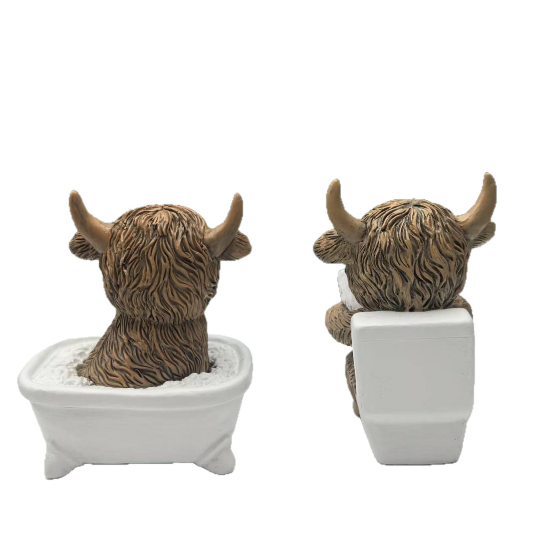 Funny decorative figure of a Highland cow in a bathtub Bowlift