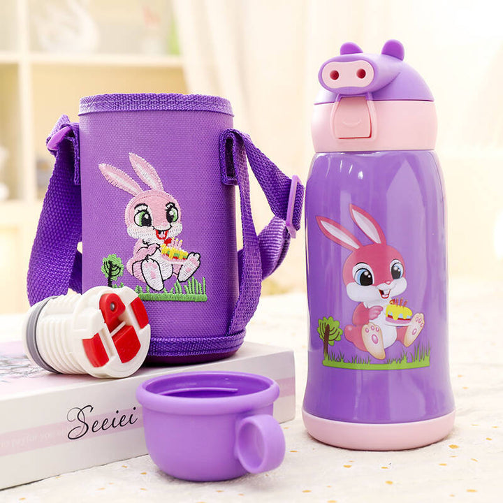 Women's Insulated Water Bottle with Cute Rabbit Design and Practical Carry Strap Bowlift