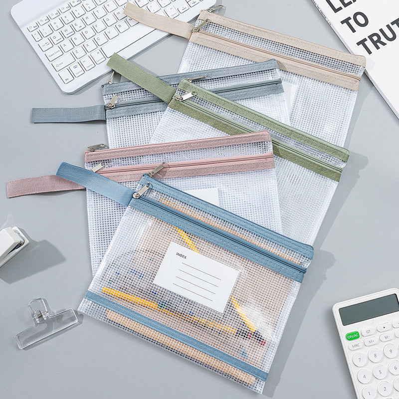 Transparent Mesh Zipper Pouch Set with Wrist Strap Stationery Organizer Bowlift