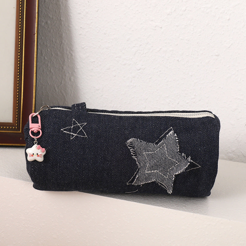 Denim Star-Appliqué Cylinder Pencil Case Makeup Pouch Bowlift