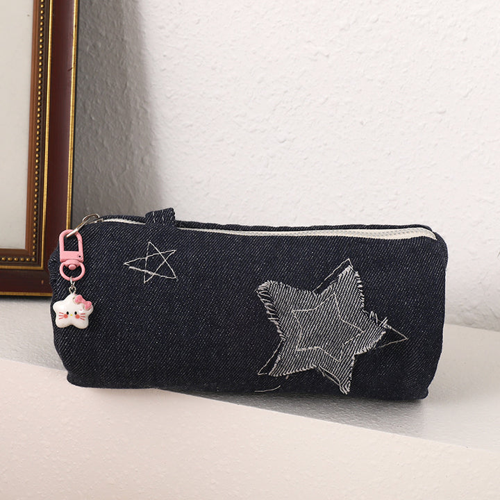 Denim Star Patch Pencil Case and Cosmetic Makeup Bag with Zipper Charm Bowlift