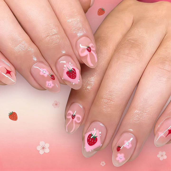 Strawberry-Themed Artistic Press-On Nails Bowlift