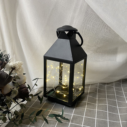Decorative Metal and Glass Lantern with Warm LED Fairy String Lights Bowlift