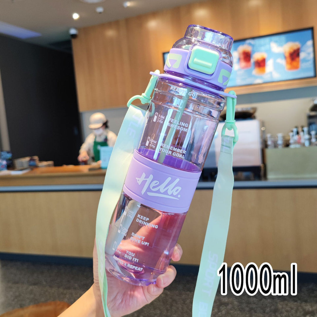 Women's large sports water bottle with motivational time markings Bowlift