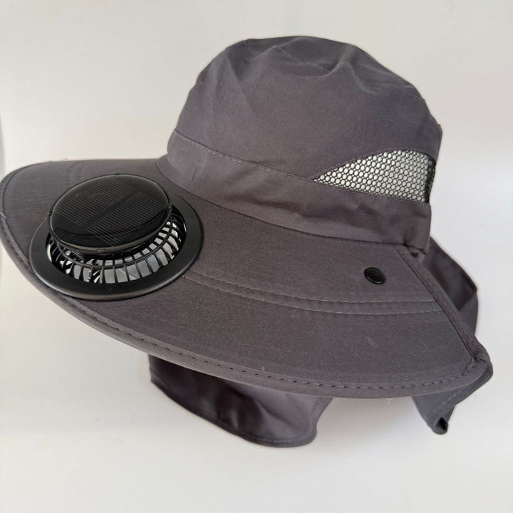 Non-ventilated sun hat with removable fan, neck protection, and adjustable chin strap Bowlift