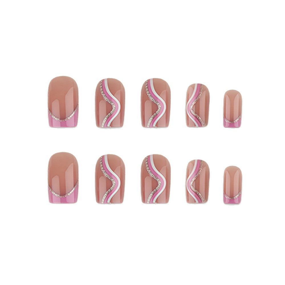 Artificial nails with elegant wave design and glitter accents Bowlift