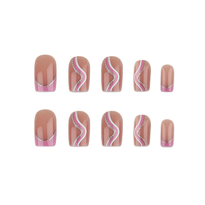 Artificial nails with elegant wave design and glitter accents Bowlift