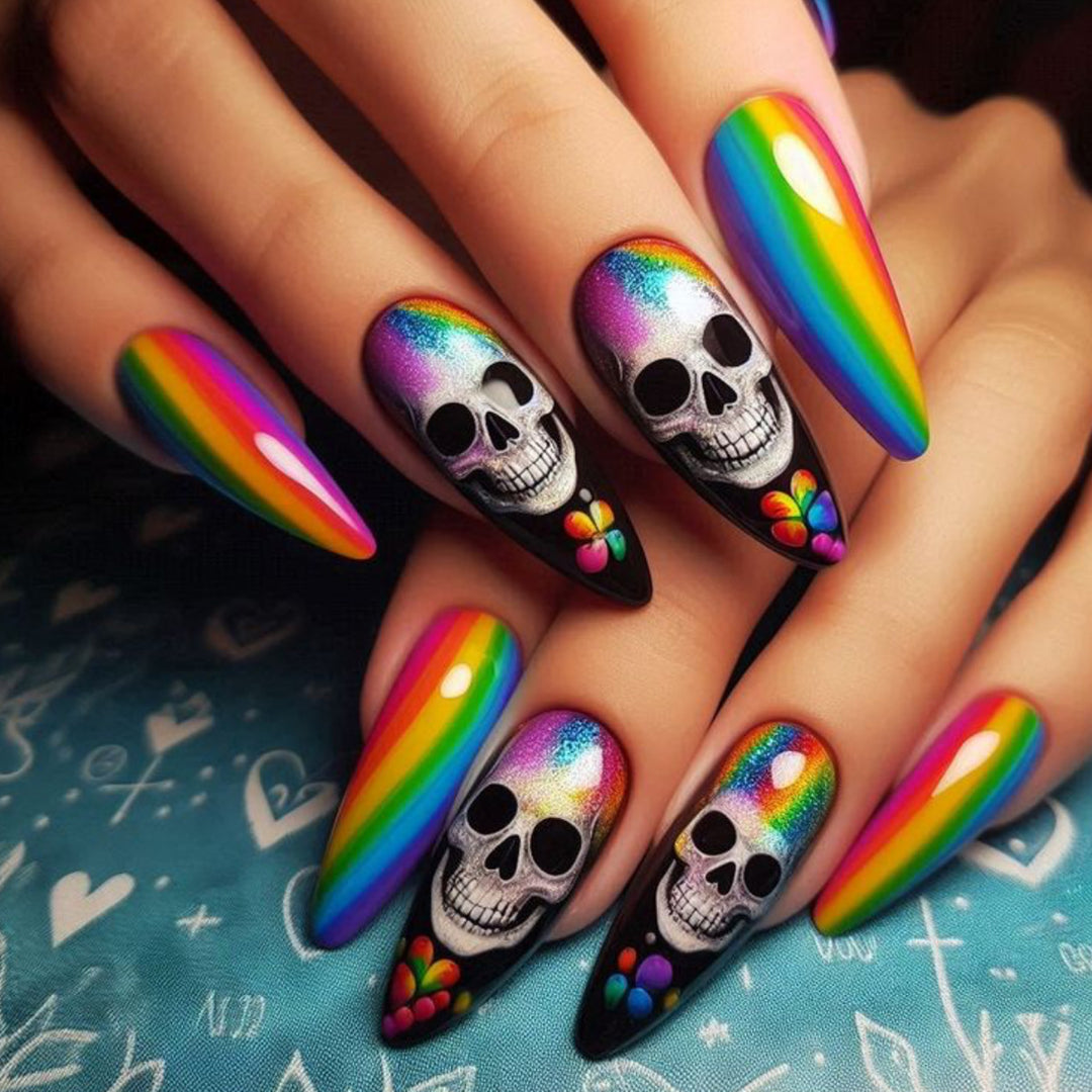 Artistic Skull-Themed Stiletto Nail Art Extensions Bowlift