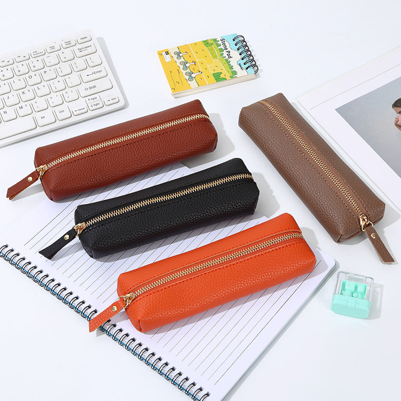 Genuine Pebbled Leather Slim Pen Case with Gold Zipper Bowlift