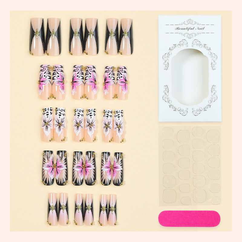 Artificial nail set with elegant flower and leopard motifs Bowlift