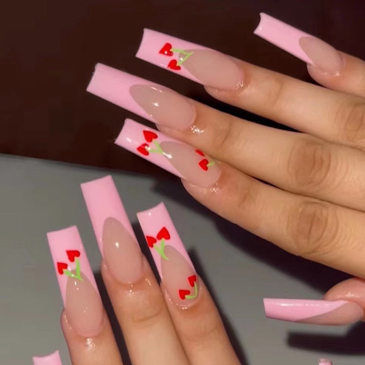 Artful long nails in cherry design Bowlift