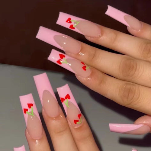 Artful long nails in cherry design Bowlift