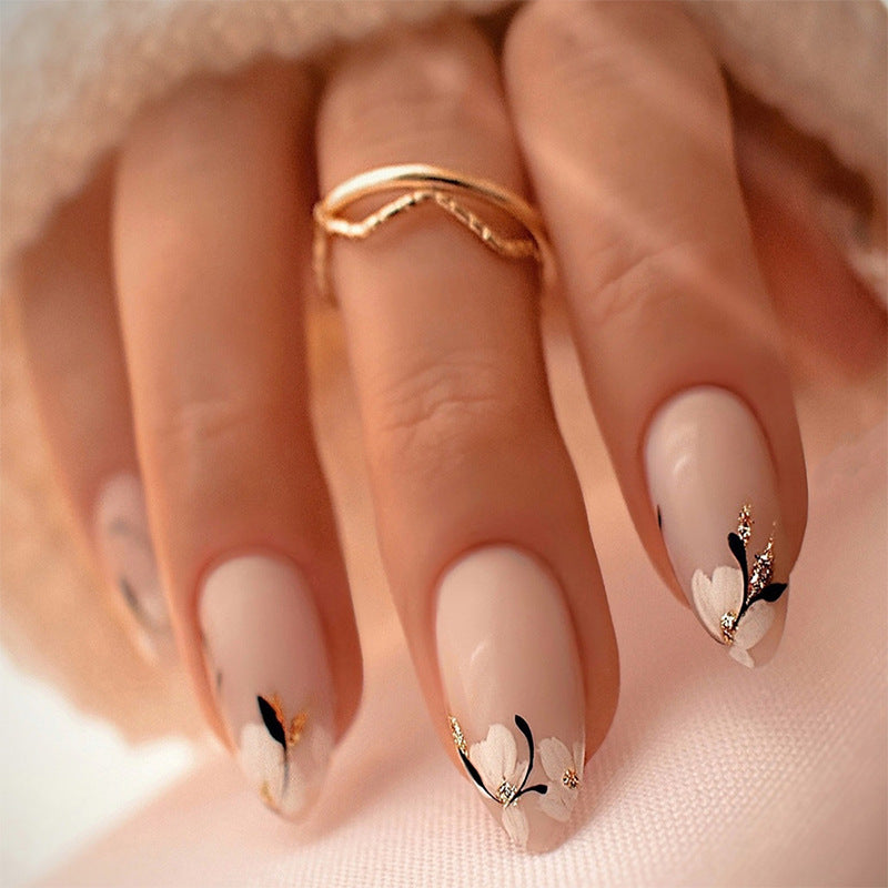 Decorative Press-On Nail Set with Artistic Floral Design Bowlift
