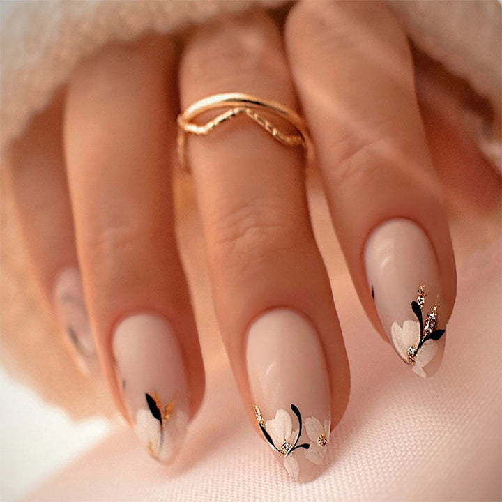 Decorative Press-On Nail Set with Artistic Floral Design Bowlift