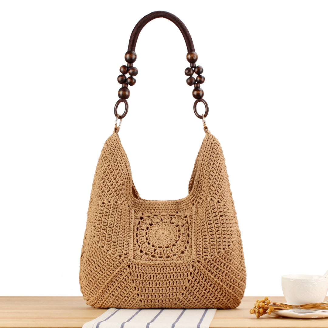Handbag Made of Hand-Knotted Natural Material with Stylish Wooden Handles Bowlift