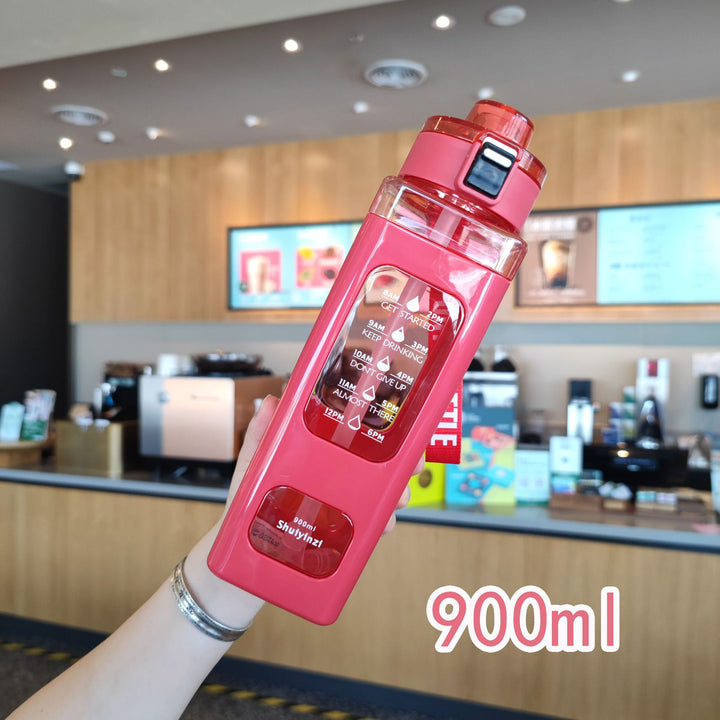 Women's water bottle with integrated time markers and straw Bowlift