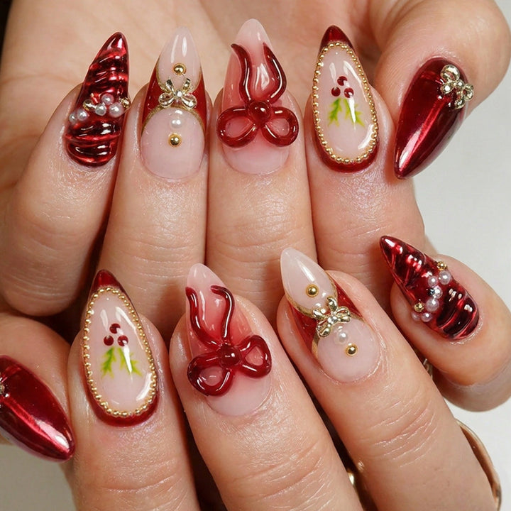 Decorative Press-On Nail Set with Holiday Designs Bowlift