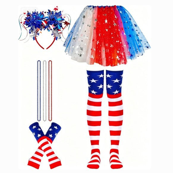 Women's patriotic carnival costume set with layered tulle skirt elastic waistband bow hairband thigh-high stockings and arm warmers Bowlift