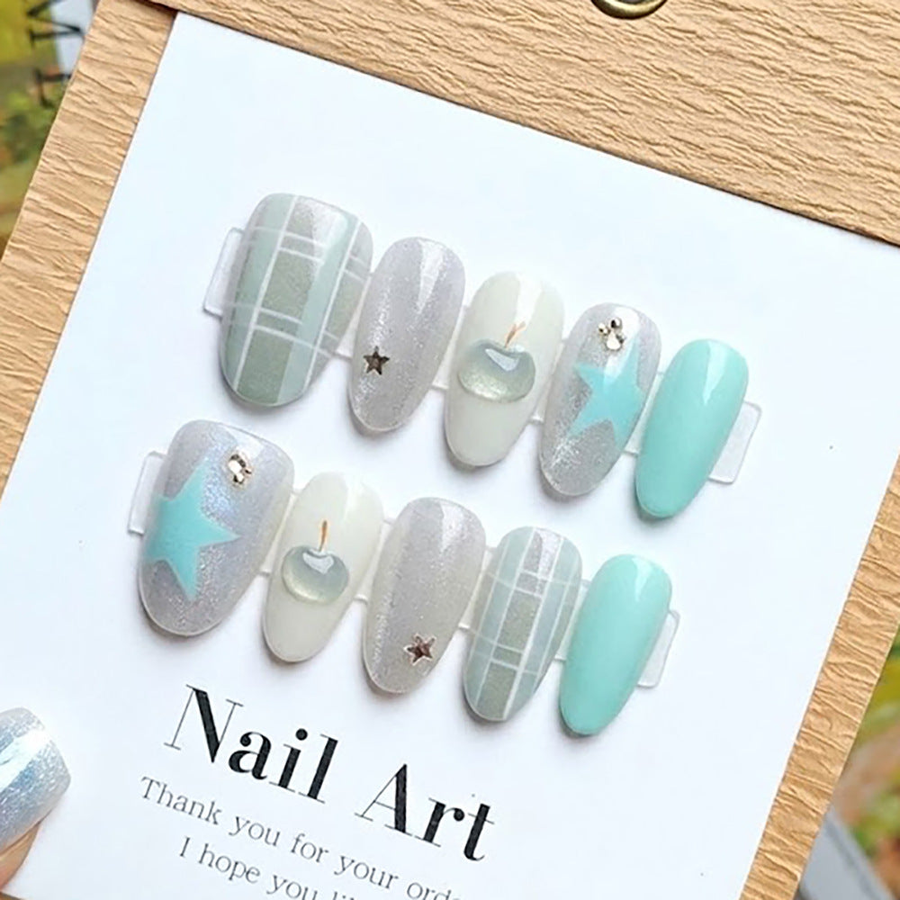 Artistic Press-On Nail Set with Star and Apple Designs Bowlift