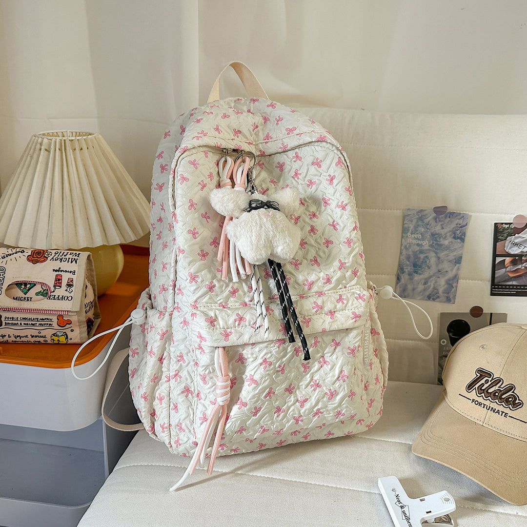 Textured Fabric Backpack with Cute Charms