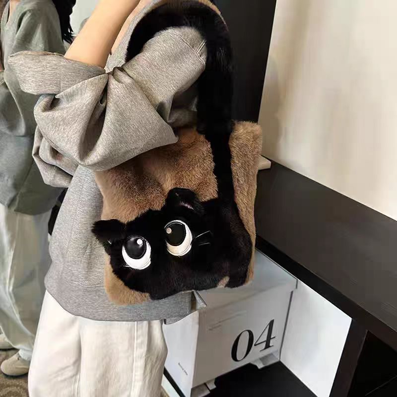 Plush Faux Fur Cartoon Eye-Appliqué Tote Bag with Bow Shoulder Straps Bowlift