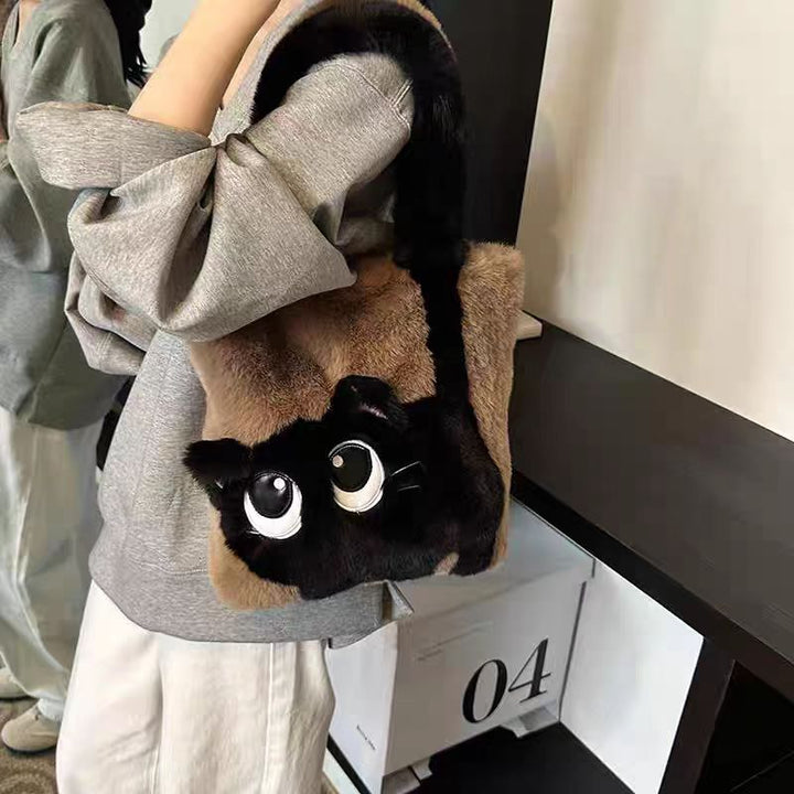 Plush Faux Fur Cartoon Eye-Appliqué Tote Bag with Bow Shoulder Straps Bowlift