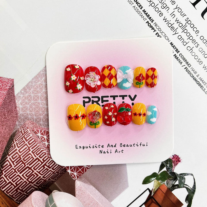 Artistic 3D Decorated Press-On Nail Set Bowlift