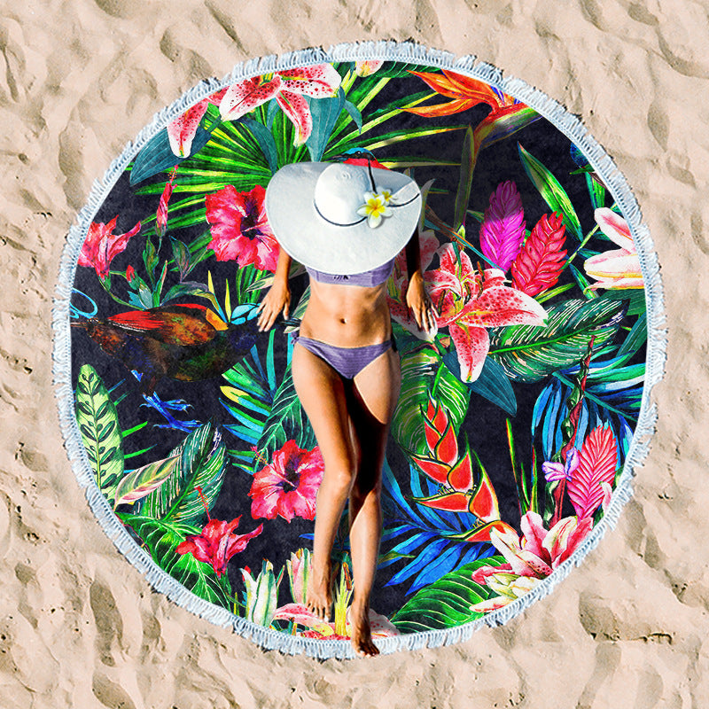 Round beach towel with colorful tropical motif Bowlift