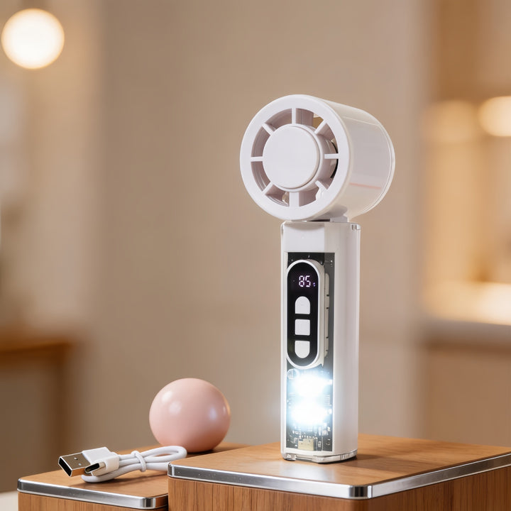 Women Portable Hand Fan with Temperature Display and LED Lighting Bowlift