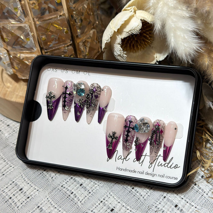 Artistic Stiletto Press-On Nail Set with Unique Floral and Gemstone Accents Bowlift