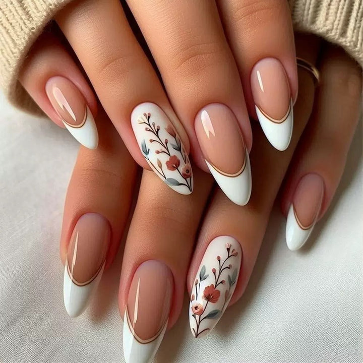 Artificial nails with floral patterns and elegant tips Bowlift